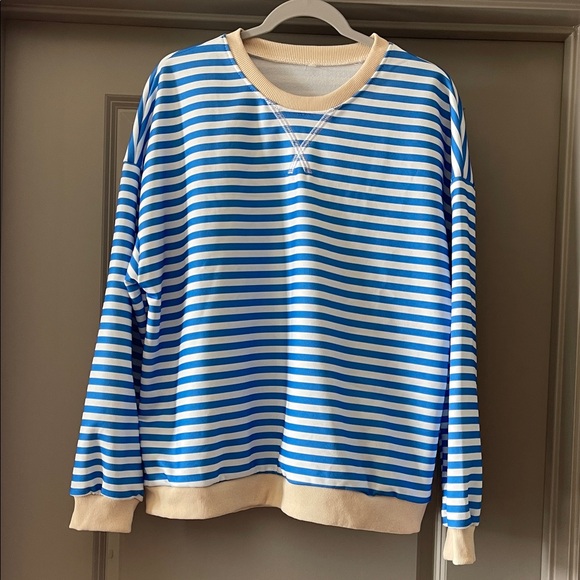 Amazon Essentials Tops - Amazon Blue & White Striped Crewneck Sweatshirt with Light Yellow Trim